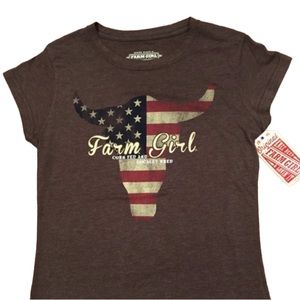 Women’s Farm Girl Bull American Flag Brown Tee Medium